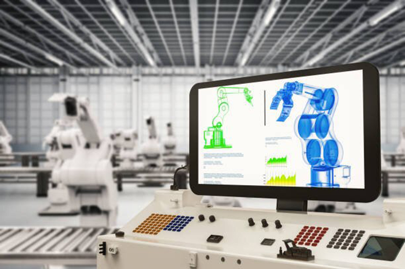 automasjonsindustri med 3d-gjengivelsesskjerm med robotarmer